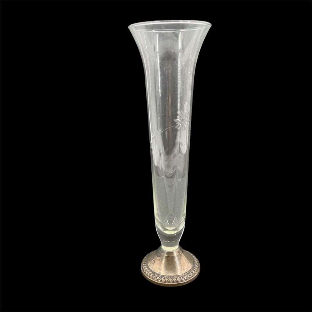 Duchin Creations Sterling Base Etched Glass Flute Bud Vase Tulip Weighted 9.5" T
